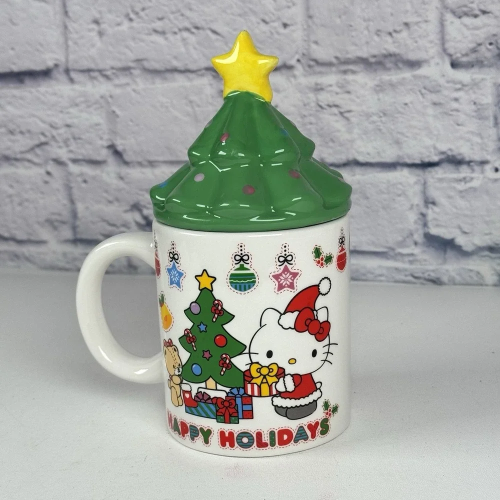 Hello Kitty Happy Holidays Ceramic Coffee Tea Cup Mug With 3D Christmas Tree Lid